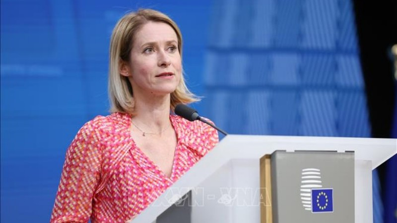Đại diện cấp cao của EU về chính sách an ninh và đối ngoại Kaja Kallas phát biểu họp báo tại Brussels, Bỉ. (Ảnh: THX/TTXVN)