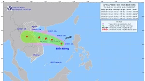 Bản đồ dự báo quỹ đạo và cường độ áp thấp nhiệt đới lúc 14 giờ chiều 28/8/2025. (Ảnh: Trung tâm Dự báo khí tượng thủy văn quốc gia)