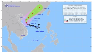 Bản đồ dự báo quỹ đạo và cường độ Bão số 1 lúc 11 giờ ngày 13/6. (Ảnh: Theo Trung tâm Dự báo khí tượng thủy văn quốc gia)