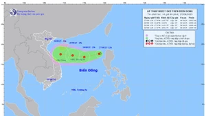 Bản đồ dự báo quỹ đạo và cường độ áp thấp nhiệt đới lúc 14 giờ ngày 27/8/2025. (Ảnh: Trung tâm Dự báo khí tượng thủy văn quốc gia)