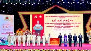 Lãnh đạo tỉnh Ninh Bình trao tặng Bức trướng “Trung thành, tận tụy, gương mẫu đi đầu, vì nước quên thân, vì dân phục vụ" cho Công an tỉnh.