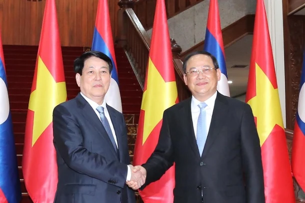 Chủ tịch nước Lương Cường hội kiến Thủ tướng Chính phủ Lào Sonexay Siphandone. (Ảnh: Lâm Khánh/TTXVN) 