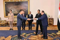 Đại sứ Nguyễn Nam Dương trình Thư ủy nhiệm của Chủ tịch nước Lương Cường lên Tổng thống Abdel Fatah El-Sisi. (Ảnh: Đại sứ quán Việt Nam tại Ai Cập)