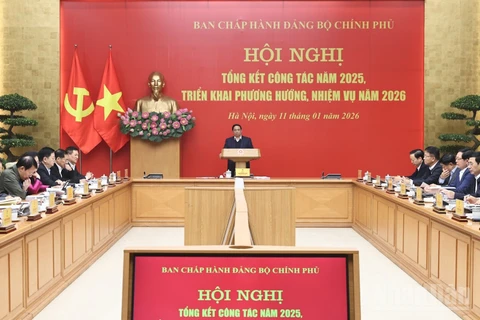 Bí thư Đảng ủy Chính phủ, Thủ tướng Chính phủ Phạm Minh Chính chủ trì Hội nghị tổng kết công tác năm 2025, triển khai phương hướng, nhiệm vụ năm 2026 của Ban Chấp hành Đảng bộ Chính phủ. (Ảnh: TRẦN HẢI) 