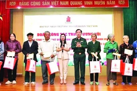 Đại diện Mặt trận Tổ quốc Việt Nam và Hội Nạn nhân chất độc da cam/dioxin trao quà tặng các gia đình bị ảnh hưởng bởi thiên tai. (Ảnh MAI LUẬN)