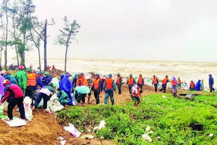 Các lực lượng vũ trang Hà Tĩnh khẩn trương gia cố đê Hội Thống (Đan Hải) trước khi bão số 10 đổ bộ đất liền.