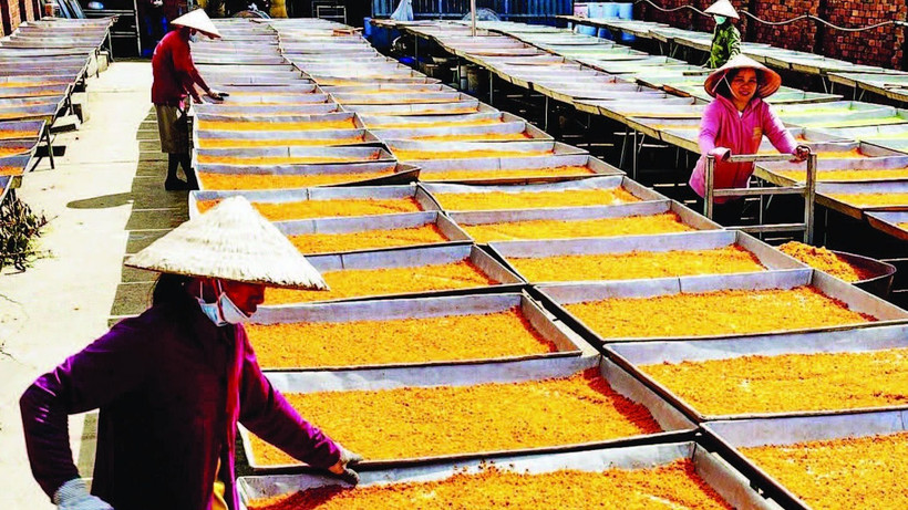 Muối phơi dưới nắng mặt trời, thành phẩm rất xốp, vị vừa ăn, ít xuống màu nhưng tốn nhiều thời gian, công sức của thợ.