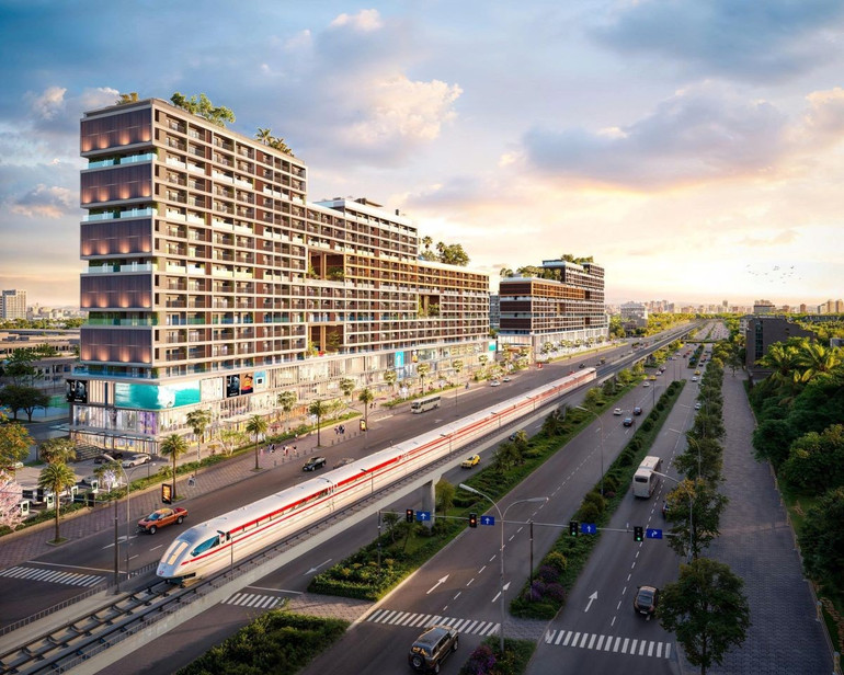 Nhờ hai nhà ga tàu điện đô thị Thủ Thiêm-Long Thành cách hai đầu dự án chỉ 500m, cư dân Fiato Airport City chỉ mất hơn 5 phút để đi sân bay và hơn 25 phút để về trung tâm thành phố Hồ Chí Minh. (Đồ họa phối cảnh: TLRG) tlrg-1009-02.jpg