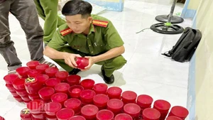 Lực lượng Công an kiểm đếm số tang vật vi phạm nghi mỹ phẩm giả.