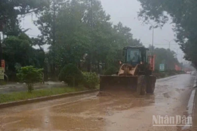 Công nhân Văn phòng Quản lý Đường bộ II.5 hót dọn bùn đất sau khi nước rút.