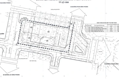 Bản đồ tổng thể quy hoạch dự án mở rộng Quảng trường Ba Đình, hiện trạng, chỉ giới đường đen đậm và định vị khu đất tỷ lệ 1/500. (Ảnh: Bộ Quốc phòng)