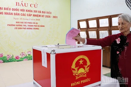 Cử tri Phan Thị Thao (sinh năm 1945), 60 năm tuổi Đảng là người đầu tiên bỏ phiếu bầu cử tại Tổ dân phố Hương Trung, phường Hương Trà, thành phố Đà Nẵng.