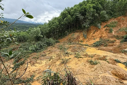 Khu vực núi ghi nhận vết nứt lớn kéo dài hơn 100m, gây sụt lún đất với độ sâu hơn 1m.