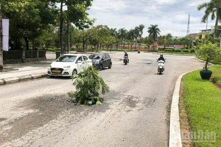 Đường Hùng Vương xuất hiện nhiều ổ gà nằm ngay giữa đường.