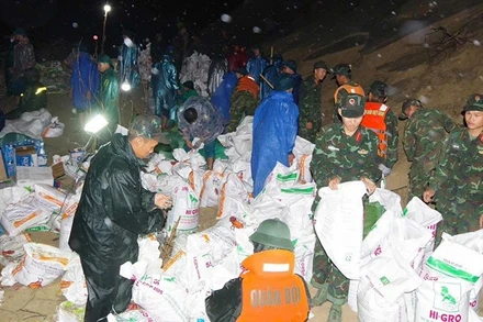 Hàng trăm cán bộ, chiến sĩ quân đội cơ động trong đêm để gia cố bờ kè An Lương. (Ảnh: QĐ)