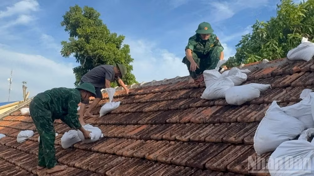Cán bộ, chiến sĩ Đồn Biên phòng Cát Hải giúp người dân gia cố nhà cửa.
