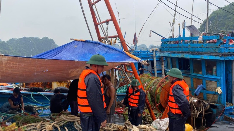 Lực lượng Biên phòng tuyên truyền vận động người dân gia cố, chằng buộc phương tiện. (Ảnh: HÀ VINH) z6826835201317-c3ed4a91e769e688a6b6e141c466b1e5-1250.jpg