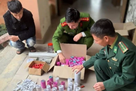Công an huyện TIền Hải và Bộ đội Biên phòng tỉnh Thái Bình phát hiện, bắt giữ Nguyễn Cao Bảo Huy về hành vi sản xuất, buôn bán pháo trái phép. (Ảnh: Công an cung cấp)
