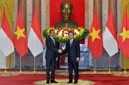 Chủ tịch nước Võ Văn Thưởng và Tổng thống Cộng hòa Indonesia Joko Widodo tại lễ đón.
