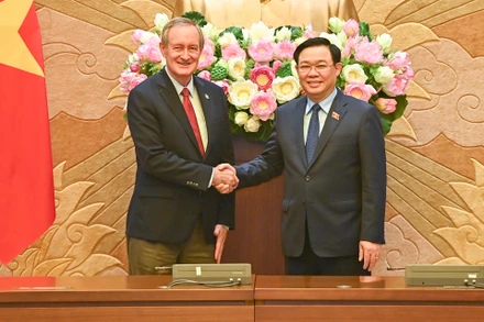 Chủ tịch Quốc hội Vương Đình Huệ và Thượng Nghị sĩ Mike Carpo, Trưởng đoàn Nghị sĩ Quốc hội Hoa Kỳ tại buổi tiếp. (Ảnh: Duy Linh)