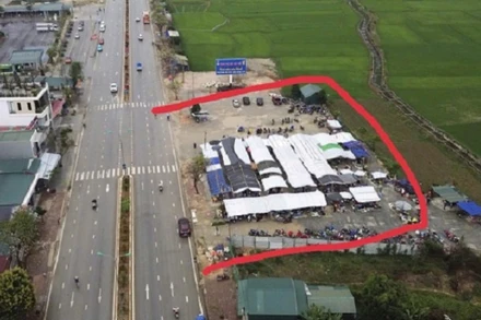 Khu đất và khu lán, nhà tôn (khu vực bôi đỏ) do ông Nguyễn Hữu Phục dựng lên trên đất nông nghiệp (đất trồng lúa). (Ảnh: CTV)