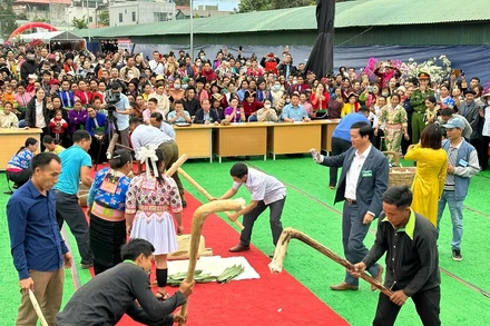 Phần thi giã bánh giầy trong Ngày hội Văn hóa, Thể thao-Ẩm thực huyện Mường Ảng thu hút rất đông nhân dân, du khách theo dõi, cổ vũ.