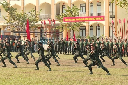 Chiến sĩ các đơn vị lực lượng vũ trang tỉnh Điện Biên biểu diễn võ thuật tại lễ phát động thi đua cao điểm "Thần tốc-Quyết thắng". (Ảnh: ĐỨC HẠNH)
