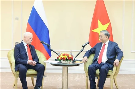 Tổng Bí thư Tô Lâm tiếp Chủ tịch Đảng "Nước Nga Công bằng - Những người yêu nước - Vì Sự thật" Sergey Mironov. Ảnh: Thống Nhất (TTXVN)