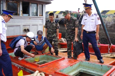 Lực lượng chức năng kiểm tra hàng hóa trên tàu cá TG 92267 TS.