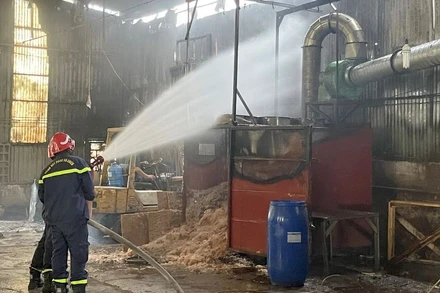 Lực lượng chức năng tiến hành phun nước dập lửa.