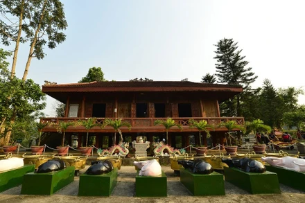 Biểu tượng cho 9 con trâu trắng và đen phía trước đền Chín Gian. (Ảnh: nghean.gov.vn)