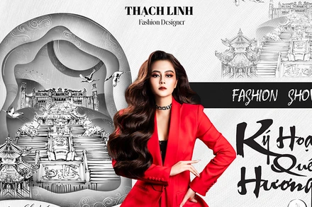 Nhà thiết kế Thạch Linh và poster show "Ký họa quê hương". (Ảnh: Nhà thiết kế cung cấp)