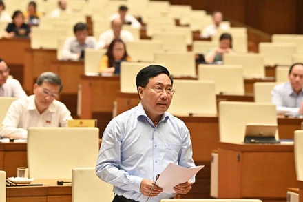 Phó Thủ tướng Thường trực Chính phủ Phạm Bình Minh trả lời chất vấn các vấn đề đại biểu Quốc hội nêu. (Ảnh DUY LINH)
