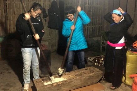 Du khách trải nghiệm giã bánh dày ở Bản Liền (Bắc Hà, Lào Cai).