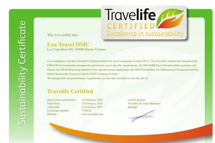 Lux Travel DMC đạt chứng nhận Travelife Certified. 