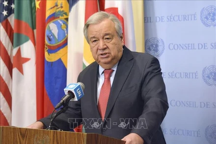 Tổng thư ký Liên hợp quốc Antonio Guterres phát biểu trong cuộc họp báo tại New York, Mỹ. Ảnh: Kyodo/TTXVN