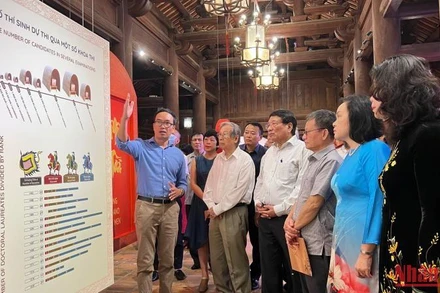 Các đại biểu nghe giới thiệu về truyền thống khoa cử và giá trị những tấm bia đá tại Văn Miếu-Quốc Tử Giám.