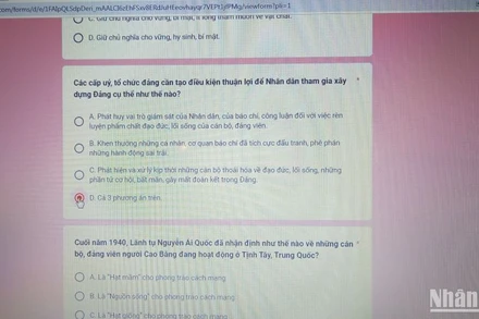 Các câu hỏi trong cuộc thi trắc nghiệm trực tuyến do Ban Tuyên giáo Tỉnh ủy Cao Bằng tổ chức.