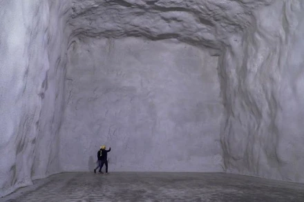 Bên trong một hang động ở Predaia, Italia, nơi các nhà sản xuất táo đang lưu trữ sản phẩm của họ trong nỗ lực cắt giảm hóa đơn năng lượng. (Ảnh: REUTERS)