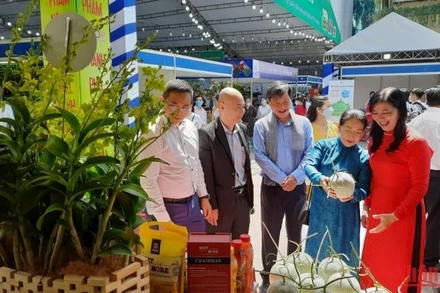 Các đại biểu tham quan hội chợ, triển lãm sản phẩm nông nghiệp tiêu biểu.