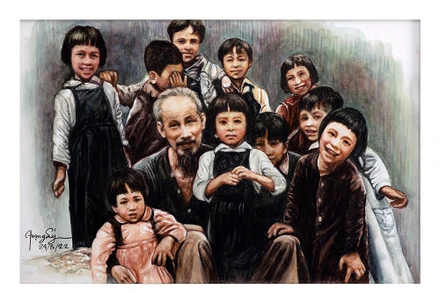 Một tác phẩm được trưng bày tại triển lãm “Tấm lòng của họa sĩ Việt kiều với Bác Hồ”. Ảnh: Bảo tàng Mỹ thuật Việt Nam cung cấp.