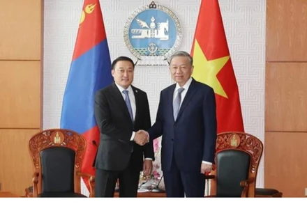 Tổng Bí thư, Chủ tịch nước Tô Lâm hội kiến Chủ tịch Quốc hội Mông Cổ Dashzegviin Amarbayasgalan. (Ảnh: TTXVN) 