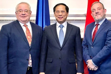 Chủ tịch Thượng viện Jerry Buttimer và Chủ tịch Hạ viện Seán Ó Fearghaíl cùng chụp ảnh với Bộ trưởng Ngoại giao Bùi Thanh Sơn tại buổi gặp. 