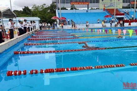 Các vận động viên cao tuổi nỗ lực bơi về đích.