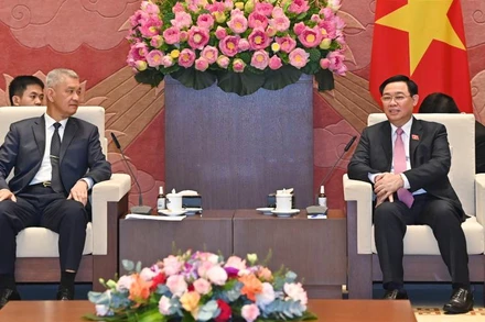 Chủ tịch Quốc hội Vương Đình Huệ và Bí thư Thành ủy, Chủ tịch HĐND Thủ đô Vientiane Anouphap Tounalom tại buổi tiếp. 