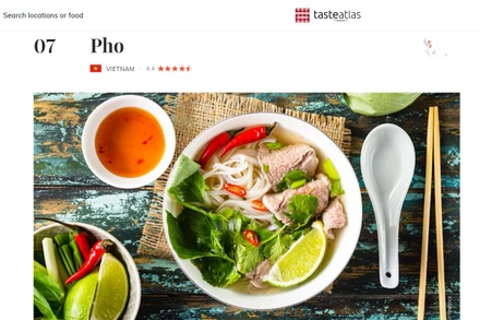 Món Phở của Việt Nam thứ 7 trong danh sách 50 món ăn đường phố nổi tiếng nhất thế giới của TasteAtlas. (Ảnh chụp màn hình)