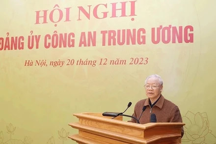 Tổng Bí thư Nguyễn Phú Trọng phát biểu tại Hội nghị Đảng ủy Công an Trung ương năm 2023. (Ảnh: TTXVN)