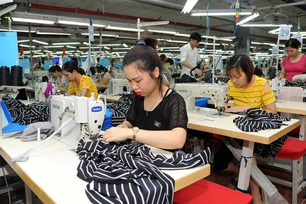 May áo xuất khẩu ở Công ty cổ phần Tổng công ty may Bắc Giang. (Ảnh TRẦN HẢI) 