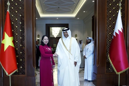 Phó Chủ tịch nước Võ Thị Ánh Xuân với Chủ tịch Quốc hội Qatar Hassan bin Abdullah Al-Ghanim. (Ảnh: TTXVN)