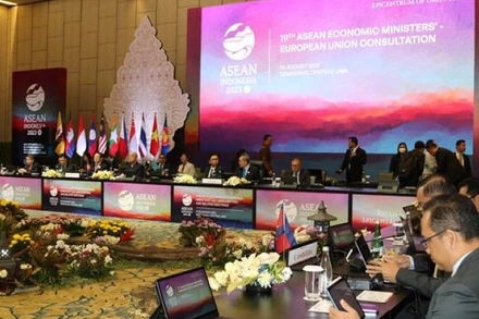 Đại diện Việt Nam tham dự Hội nghị Tham vấn AEM-EU lần thứ 19. (Ảnh: TTXVN)